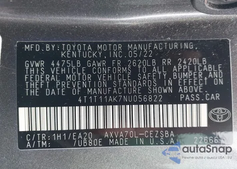 2022 Toyota Camry Se/Night Shade из США, поврежденный, VIN 4T1T11AK7NU056822